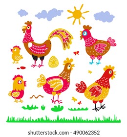 Set hen rooster chicken for children. The character of happy, bright birds. Illustrations for the postcards, T-shirts, artwork, calendars. birthday. kids vector art