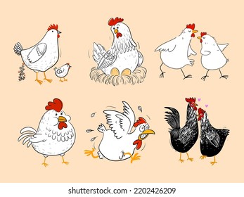 Set of hen, rooster, chicken icon character poultry farm animal hand drawn vector illustration.