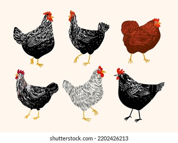 Set of hen, rooster, chicken icon character poultry farm animal hand drawn vector illustration.