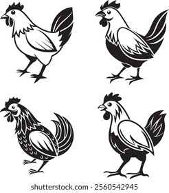 Set of hen, rooster chicken silhouette and icon vector illustration.