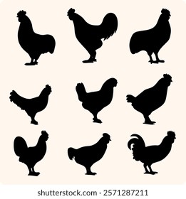 Set of hen silhouette, chicken silhouettes