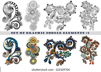 Set of Henna Paisley Mehndi Doodles Abstract Floral Vector Illustration Design Element #1. Black and White plus Colored Version.