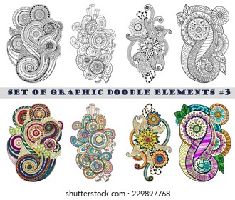 Set of Henna Paisley Mehndi Doodles Abstract Floral Vector Illustration Design Element. Black and White plus Colored Version.