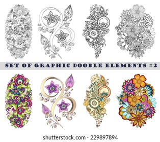 Set of Henna Paisley Mehndi Doodles Abstract Floral Vector Illustration Design Element. Black and White plus Colored version.