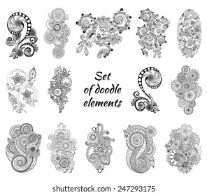 Set of Henna Paisley Mehndi Doodles Abstract Floral Vector Illustration Design Element. Black and White Version.