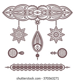 Set of henna tattoo templates, vector doodle elements, pendant and bracelet ornaments in Mehndi style on white