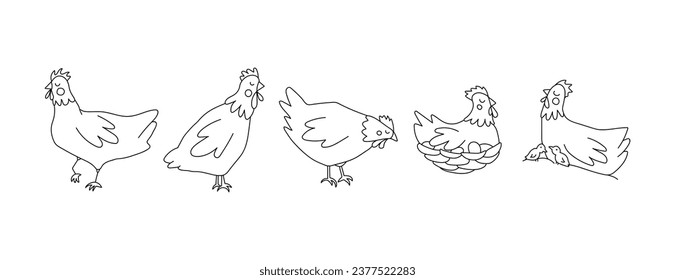 Set of hens. Doodle vector illustration. Isolated on a white background. Clip art
