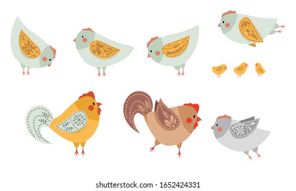Set of hens, roosters and chickens with a hand-drawn pattern on the wings. Cute birds in different poses. Vector illustration