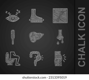 Set Hepatitis virus, Gut constipation, Abdominal bloating, Runny nose, Constipation, Medical thermometer, Scar with suture and Insomnia icon. Vector
