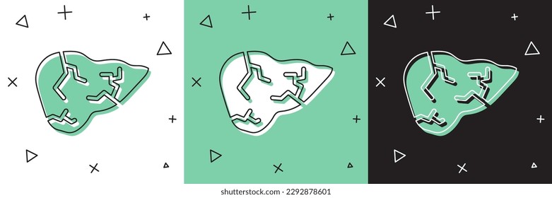 Poner el virus de la hepatitis en el ícono del hígado humano aislado en fondo blanco y verde, negro. Día Mundial de la Hepatitis.  Vector