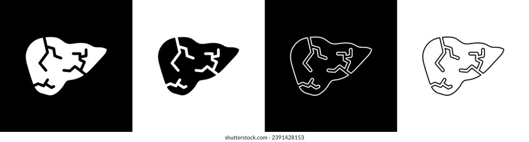 Poner el virus de la hepatitis en el ícono del hígado humano aislado en el fondo blanco y negro. Día Mundial de la Hepatitis.  Vector