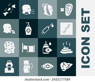 Set Hepatitis virus, Mierda, Cicatriz con sutura, Dolor de dientes, Jabón antibacteriano líquido, Vómito hombre, Hueso roto humano y Jeringa icono. Vector