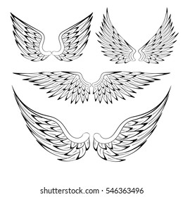 Set of heraldic bird angel wings isolated on white background for religious, tattoo or heraldry design. Vector illustration.