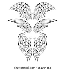 Set of heraldic bird angel wings isolated on white background for religious, tattoo or heraldry design. Vector illustration.