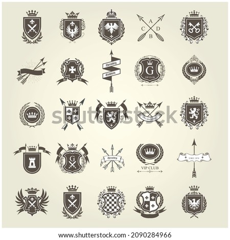 Set of heraldic blazonы, coat of arms, knight and chivalry emblems, shield crest,  heraldry vector