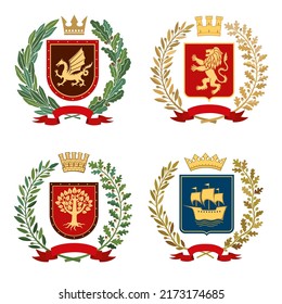 A set of heraldic coats of arms. Dragon, Lion, tree and ship on the background of shields