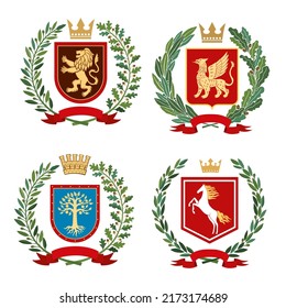 A set of heraldic coats of arms. Lion, griffin, tree and horse on the background of shields