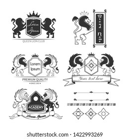 Set of heraldic elements with lions  isolated on white. Vector illustration.