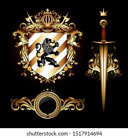 Set of heraldic elements, shield and saber on a black background. 3D vector. High detailed realistic illustration.