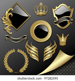 Set of heraldic gold and black design elements