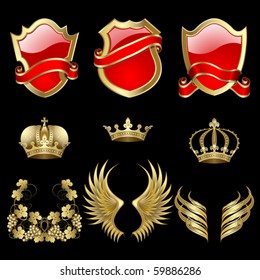 Set of heraldic gold and red design elements