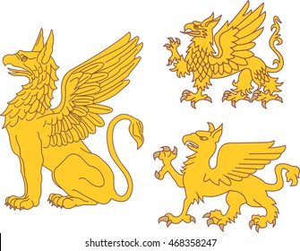 Set of heraldic griffins. Vector illustrations.