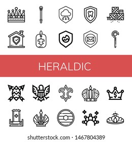 Set of heraldic icons such as Crown, Shield, Sceptre, Fleur de lis, Defense, Throne, Eagle , heraldic