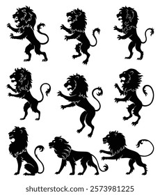 Set of heraldic lions silhouette. Black lion in flat style. Heraldic icons, symbols and design elements isolated on white background. Vector illustration