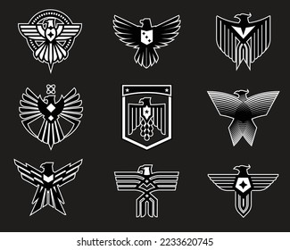 Set mit Heraldischem Logo, königlichem Emblem, Vintage-Abzeichen für Vögel