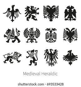 Set Heraldic Medieval vector lion, griffin and eagle