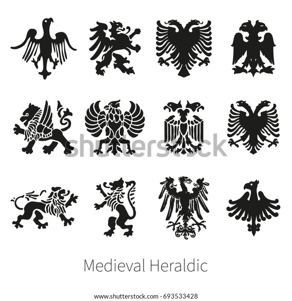 Set Heraldic Medieval Vector Lion Griffin Stock Vector (royalty Free 