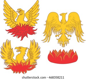 Set of heraldic phoenix birds. Vector illustrations.