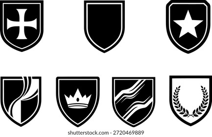 Conjunto de silhuetas heráldicas do vetor do escudo. Este pacote inclui vários projetos de crista medieval e vintage, perfeito para projetos temáticos históricos ou de fantasia. Ideal para emblemas, logotipos ou elementos decorativos. Este design é um recurso versátil para designers gráficos.