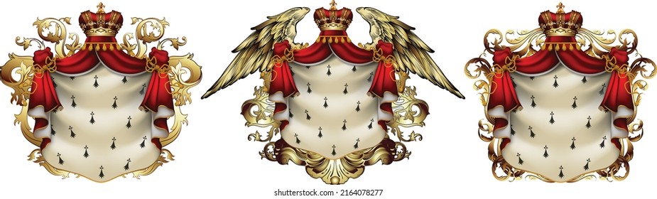 Satz heraldischer Schilde mit einem Kronenmantel und königlichem Mantel, reich verziert, auf weißem Hintergrund. Hohe detaillierte realistische Illustration.