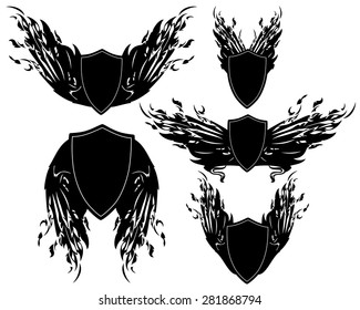 set of heraldic shields with wings - black and white vector design collection