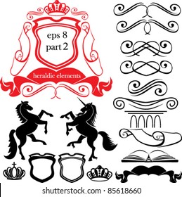 Set of heraldic silhouettes elements - icons of blazon, crown, vignette, scroll, book, column, horse, unicorn
