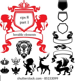 Set of heraldic silhouettes elements - lion, blazon, crown,  deer, griffin, scroll, fleur de lis