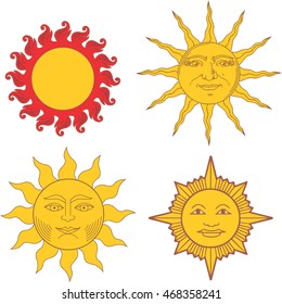 Set of heraldic suns and solar signs. Vector illustrations.