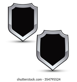Set of heraldic vector black emblem with silver outline, 3d conceptual defense geometric badges. Eps8 silver blazons isolated on white background. Dimensional decorative coat of arms.