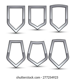 Set of heraldic vector emblem with silver outline, collection of 3d conceptual defense geometric badges isolated on white background. Eps8 silver blazons isolated on white background.  