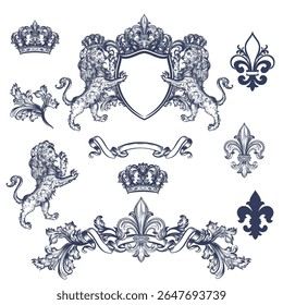 Conjunto de heráldico vetor brasão de luxo com leões, coroas e mão desenhada flor de lis ilustração em estilo vintage