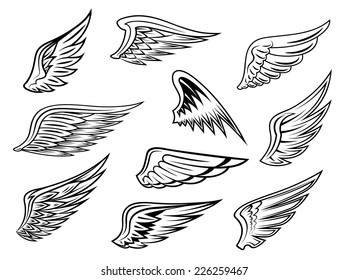 Set of heraldic vector wings in black and white with feather detail for tattoo or logo design, isolated on white