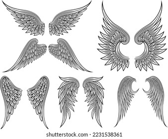 A set of heraldic wings or angel wings are drawn on black lines. vector illustration