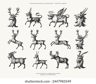 Set von Heraldry Crest Inspired Animal Icon Illustrationen - Hirsch, Kuh, Elch, Ziege und mehr