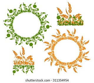 set of herb frames and brush with grass and flowers. Element for design