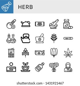 Set of herb icons such as Essential oil, Herbal, Teapot, Mint, Herb, Herbs, Dill, Parsley, Tea bag, Spinach, Weed, Thalassotherapy, Herbal tea, Aromatic, Pharmacist , herb