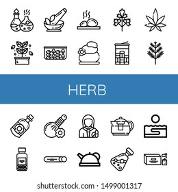 Set of herb icons such as Essential oil, Herb, Spinach, Lithotherapy, Parsley, Mint, Weed, Dill, Spices, Herbal, Pharmacist, Teapot, Thalassotherapy, Tea bag , herb