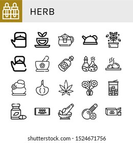 Set of herb icons. Such as Essential oils, Teapot, Herbal tea, Herb, Herbs, Essential oil, Lithotherapy, Garlic, Weed, Aromatic, Mint, Herbal, Tea bag , herb icons
