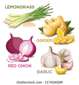 Set Of Herb Isolated Vector With Lemongrass, Ginger, Red Onion And Garlic