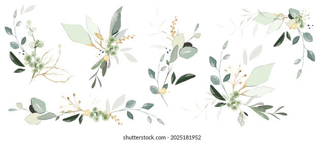 Set of herbal branch. green and gold leaves. Wedding arrangements for greeting card or invitation 